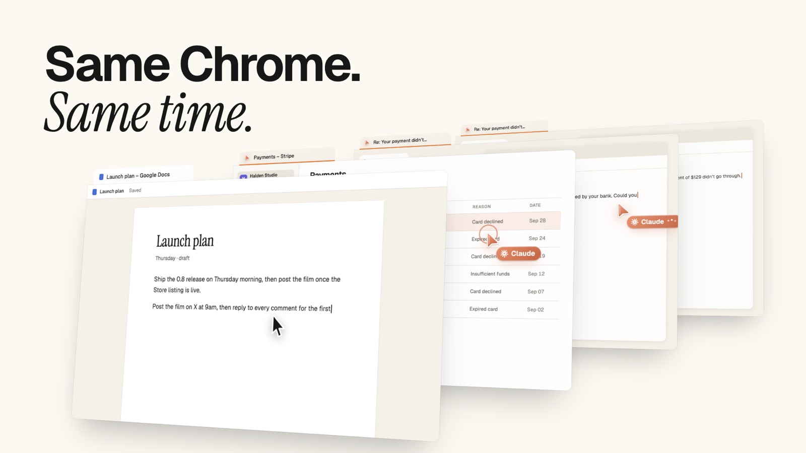 You type in Google Docs while Claude works in its own tabs behind you